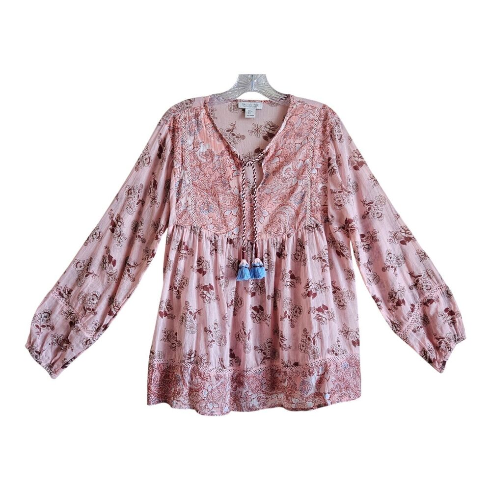 RACHEL ZOE Women's L Peasant Blouse Coral Floral Tassel Ties Balloon Sleeve 38"